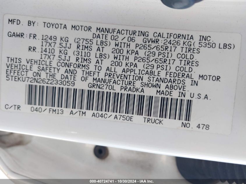 2006 Toyota Tacoma Dbl Cab Prerunner Lng Bed VIN: 5TEKU72N26Z233059 Lot: 40724741