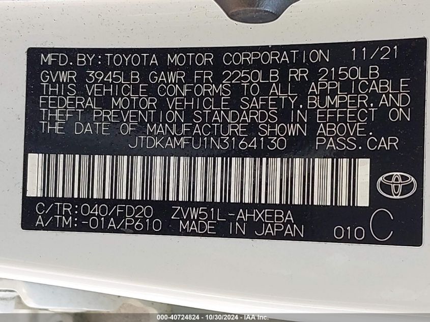 2022 Toyota Prius Le VIN: JTDKAMFU1N3164130 Lot: 40724824