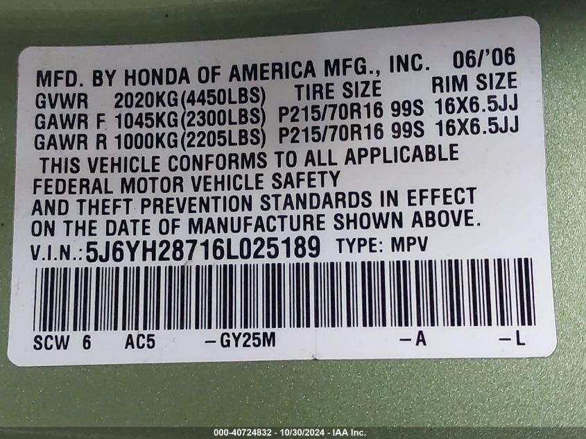 2006 Honda Element Ex-P VIN: 5J6YH28716L025189 Lot: 40724832