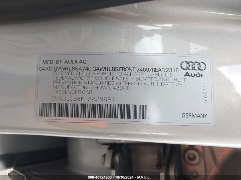 2002 Audi A4 1.8T Quattro VIN: WAULC68E22A298911 Lot: 40724900