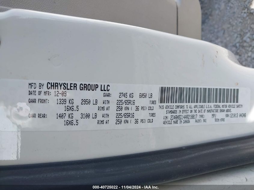 2010 Dodge Grand Caravan Sxt VIN: 2D4RN5D14AR218817 Lot: 40725022