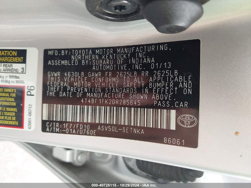 2013 TOYOTA CAMRY VIN: 4T4BF1FK2DR285645