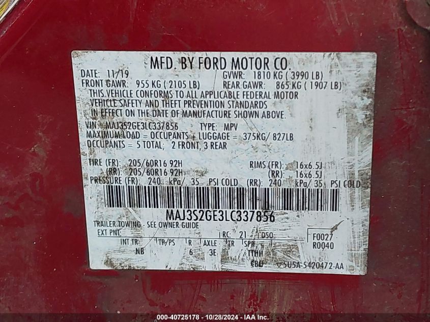 2020 Ford Ecosport Se VIN: MAJ3S2GE3LC337856 Lot: 40725178