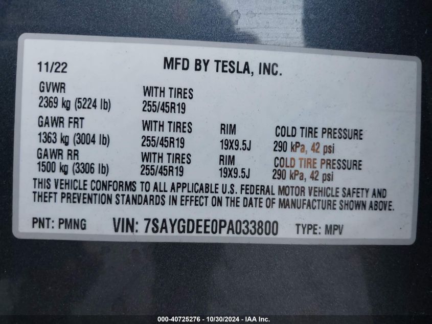 2023 Tesla Model Y VIN: 7SAYGDEE0PA033800 Lot: 40725276