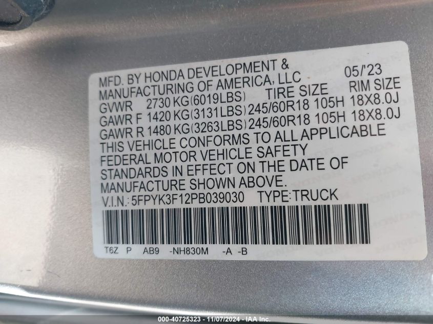 2023 Honda Ridgeline Sport VIN: 5FPYK3F12PB039030 Lot: 40725323