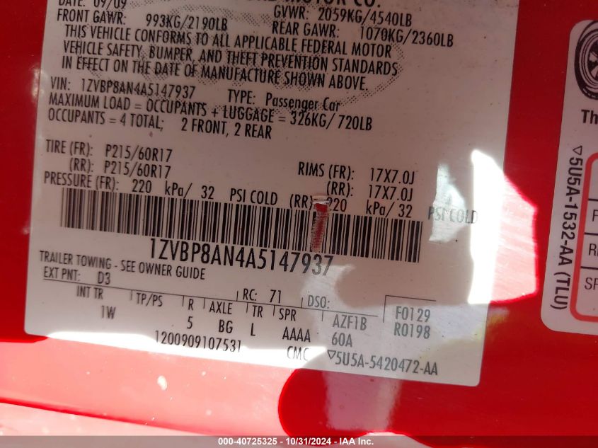 2010 Ford Mustang V6/V6 Premium VIN: 1ZVBP8AN4A5147937 Lot: 40725325