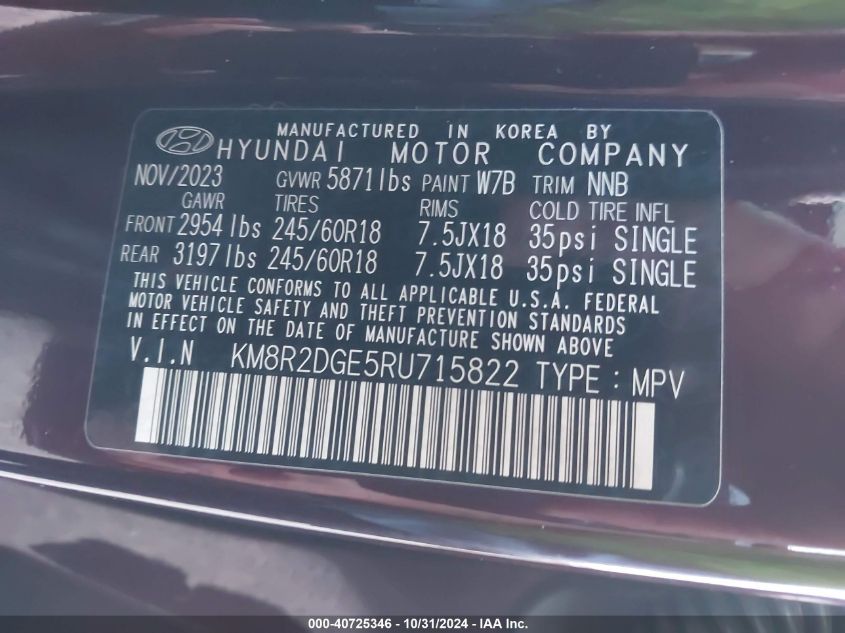 2024 Hyundai Palisade Sel VIN: KM8R2DGE5RU715822 Lot: 40725346