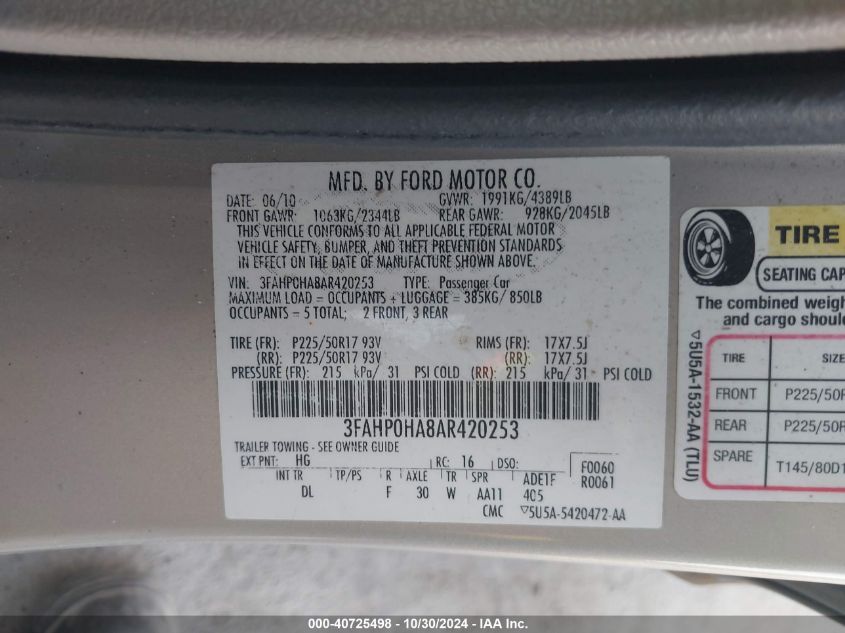 2010 Ford Fusion Se VIN: 3FAHP0HA8AR420253 Lot: 40725498