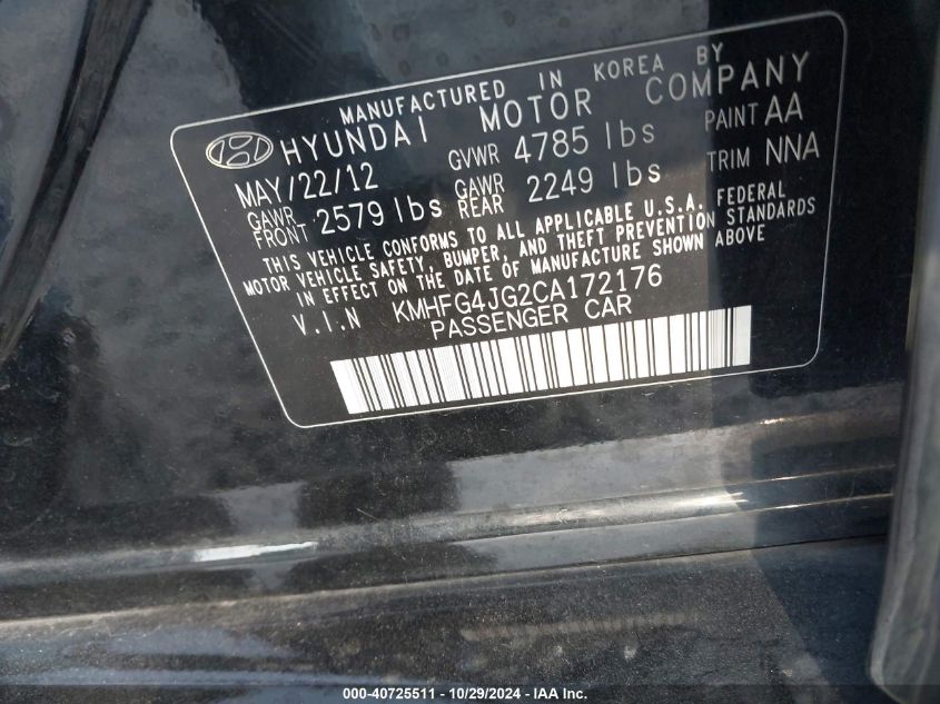 2012 Hyundai Azera VIN: KMHFG4JG2CA172176 Lot: 40725511