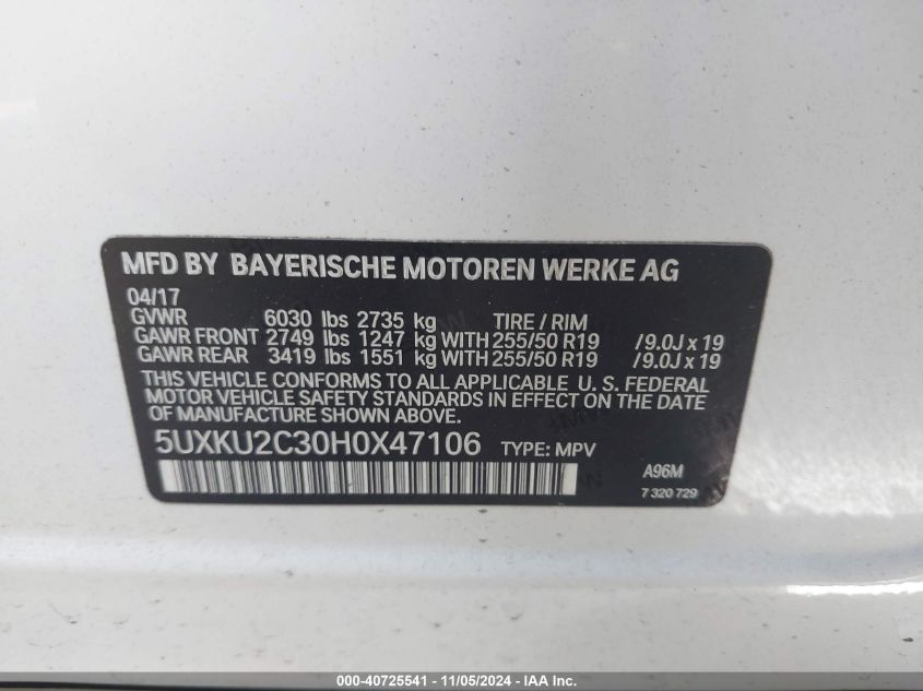 VIN 5UXKU2C30H0X47106 2017 BMW X6, Xdrive35I no.9