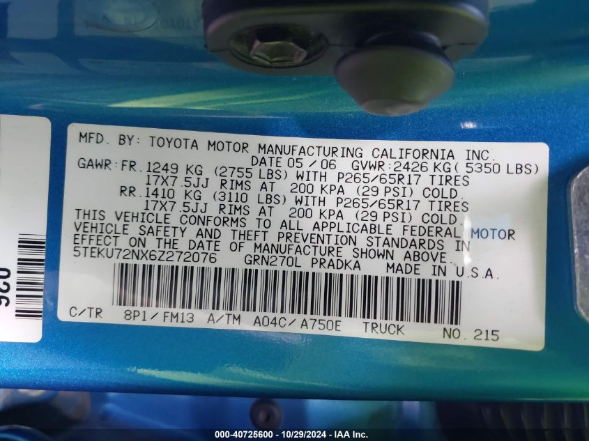 2006 Toyota Tacoma Dbl Cab Prerunner Lng Bed VIN: 5TEKU72NX6Z272076 Lot: 40725600