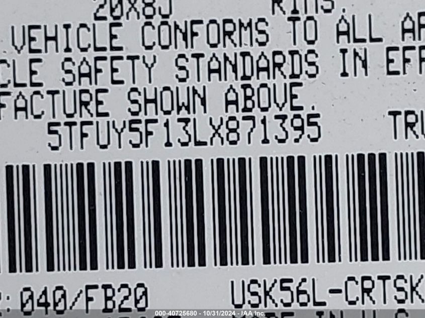 2020 Toyota Tundra Sr5 VIN: 5TFUY5F13LX871395 Lot: 40725680