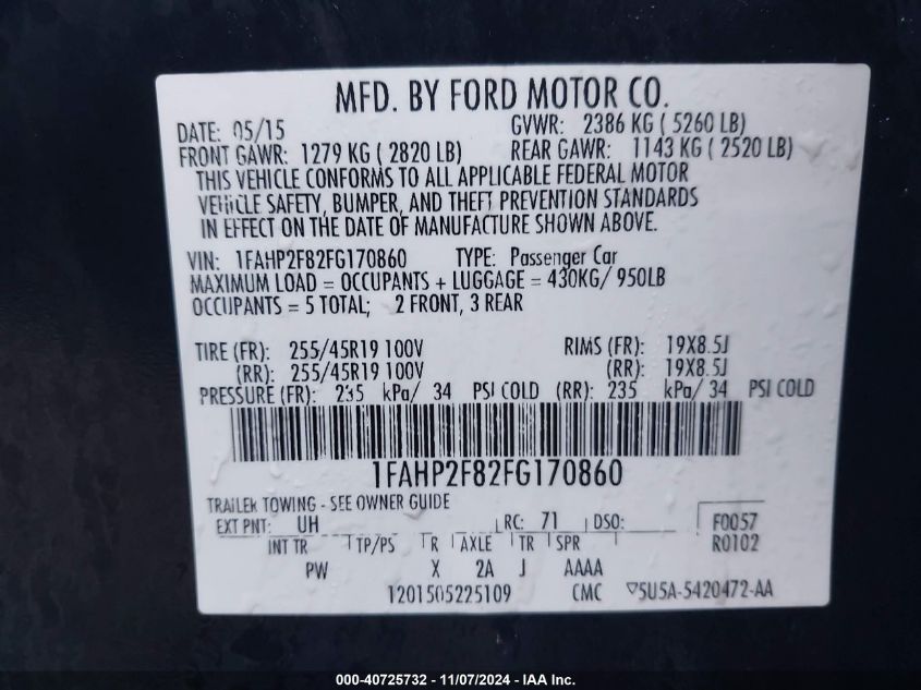 2015 Ford Taurus Limited VIN: 1FAHP2F82FG170860 Lot: 40725732