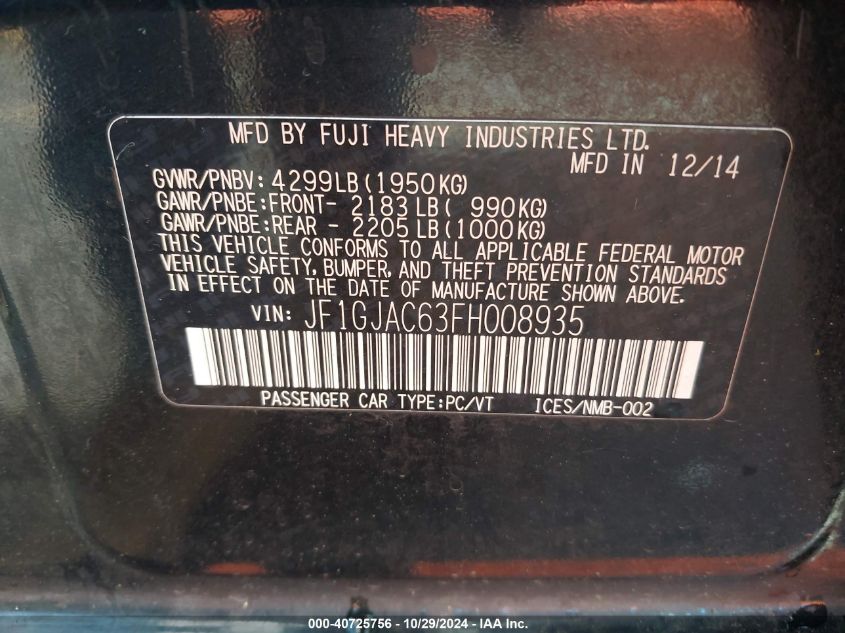 2015 SUBARU IMPREZA VIN: JF1GJAC63FH008935