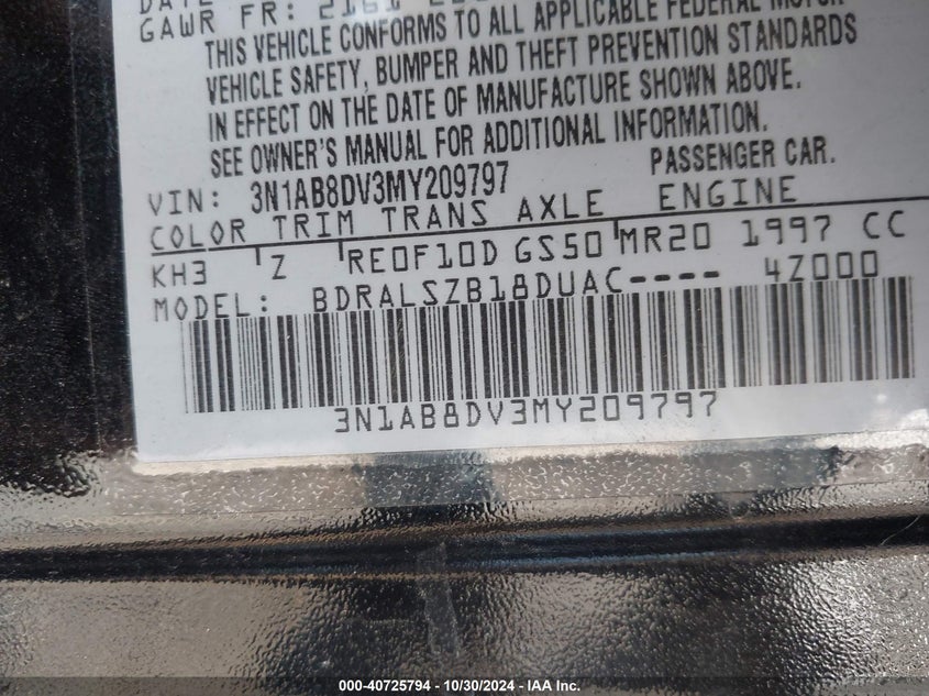 2021 NISSAN SENTRA VIN: 3N1AB8DV3MY209797