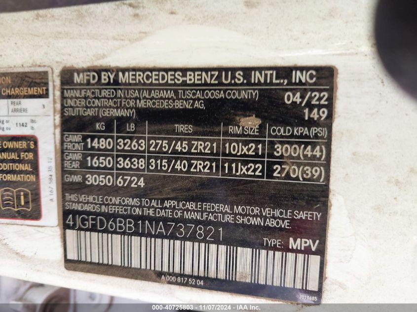 VIN 4JGFD6BB1NA737821 2022 Mercedes-Benz Amg Gle 53... no.9