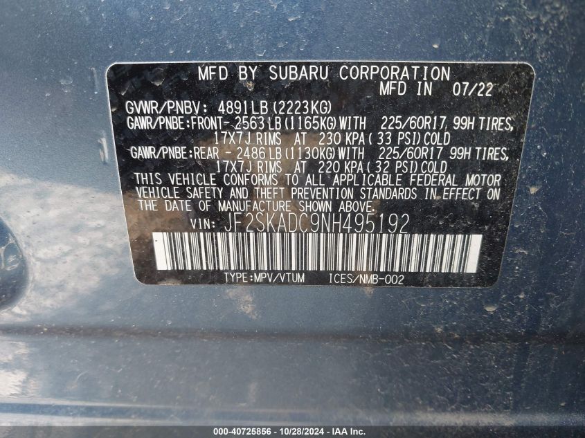 2022 Subaru Forester Premium VIN: JF2SKADC9NH495192 Lot: 40725856