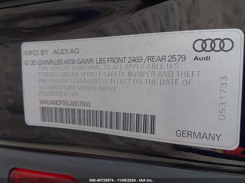 2020 Audi A5 Sportback Premium 45 Tfsi Quattro S Tronic VIN: WAUANCF55LA007600 Lot: 40725874