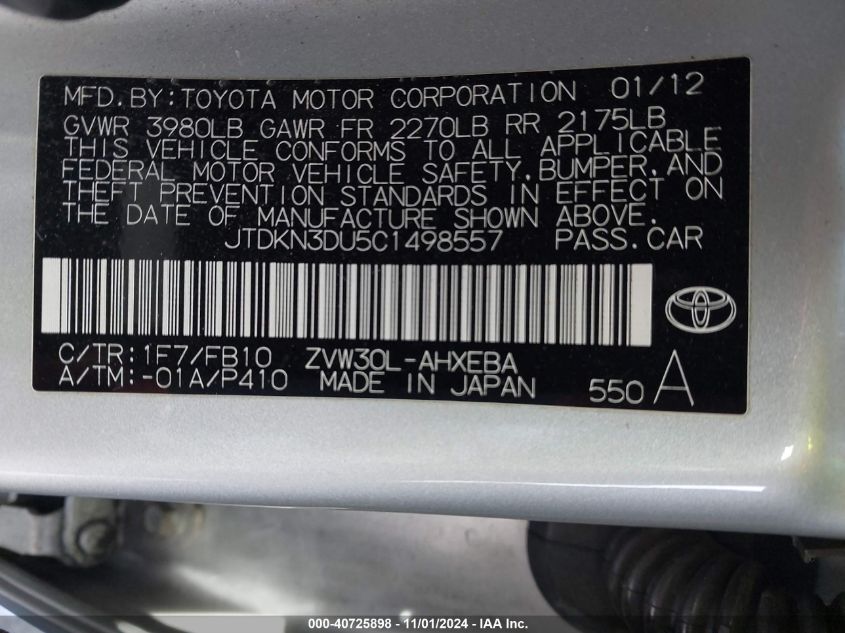 2012 Toyota Prius Two VIN: JTDKN3DU5C1498557 Lot: 40725898