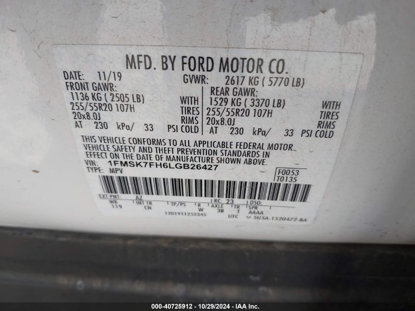 2020 Ford Explorer Limited VIN: 1FMSK7FH6LGB26427 Lot: 40725912