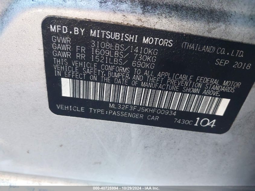 2019 Mitsubishi Mirage G4 Es VIN: ML32F3FJ5KHF00934 Lot: 40725994