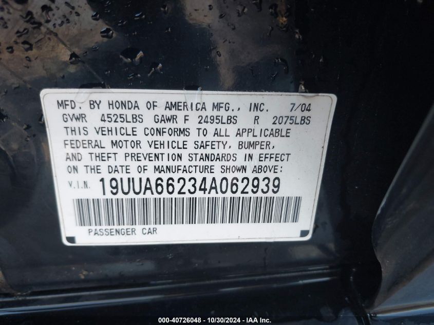 2004 Acura Tl VIN: 19UUA66214A082929 Lot: 40726048