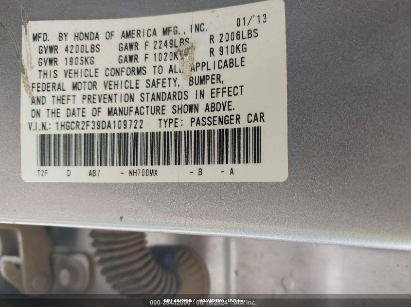 2013 HONDA ACCORD VIN: 1HGCR2F39DA109722