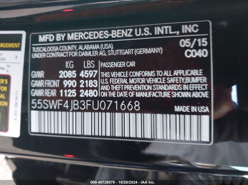 2015 Mercedes-Benz C 300 Luxury/Sport VIN: 55SWF4JB3FU071668 Lot: 40726078