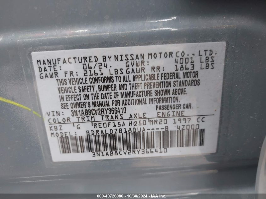 2024 Nissan Sentra Sv Xtronic Cvt VIN: 3N1AB8CV2RY366410 Lot: 40726086