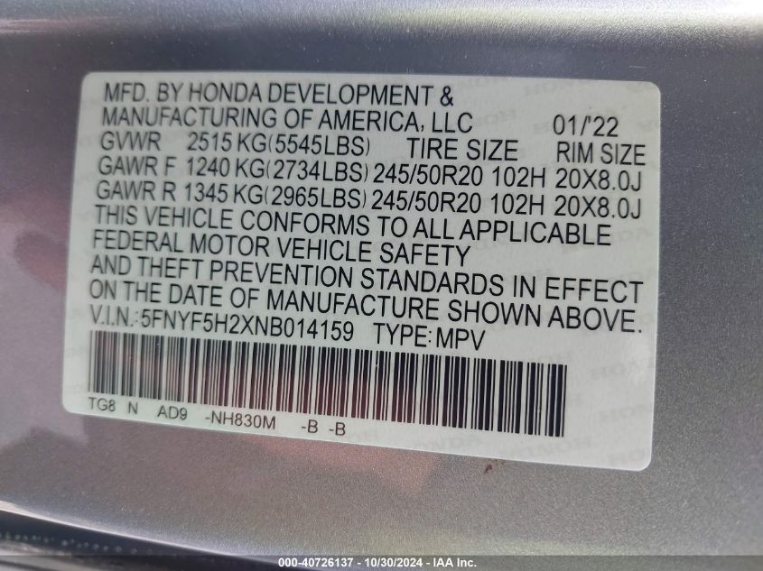 2022 Honda Pilot 2Wd Special Edition VIN: 5FNYF5H2XNB014159 Lot: 40726137