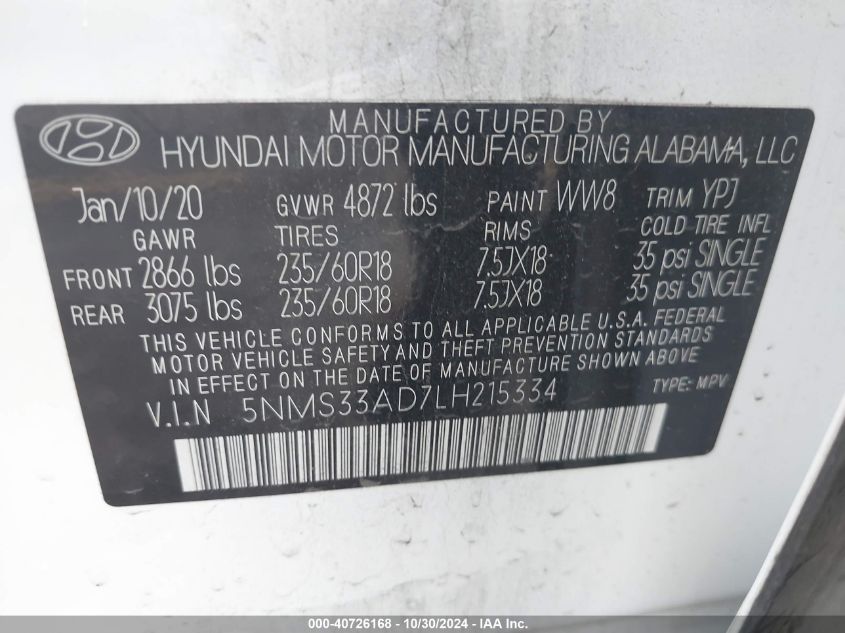 2020 Hyundai Santa Fe Sel VIN: 5NMS33AD7LH215334 Lot: 40726168