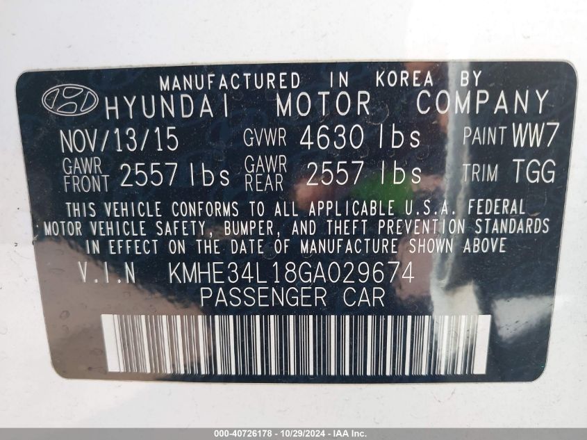 2016 Hyundai Sonata Hybrid Limited VIN: KMHE34L18GA029674 Lot: 40726178