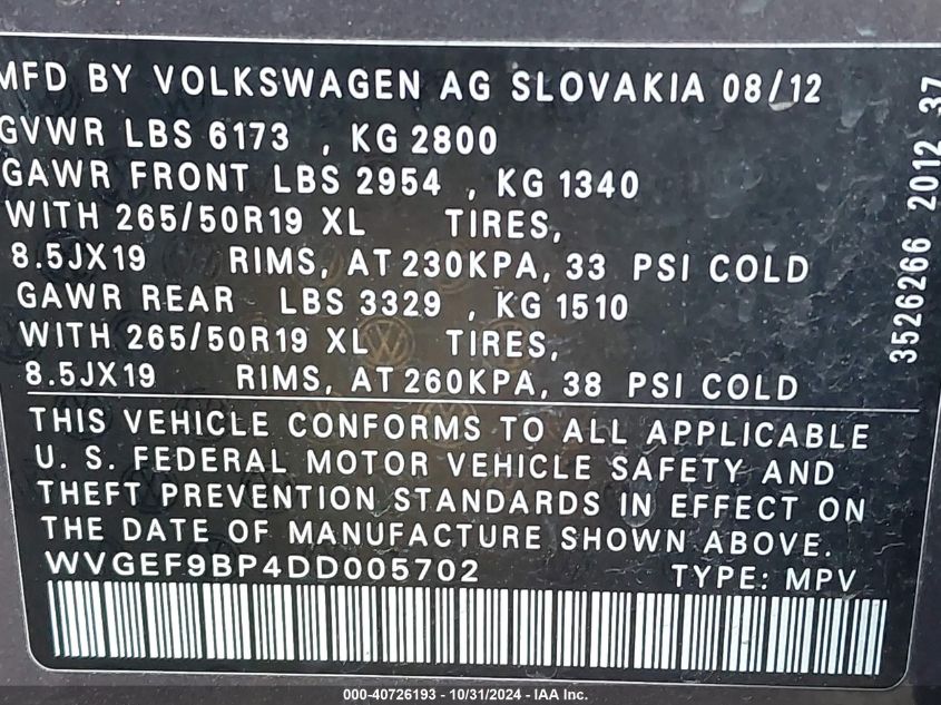 2013 Volkswagen Touareg Vr6 Lux VIN: WVGEF9BP4DD005702 Lot: 40726193