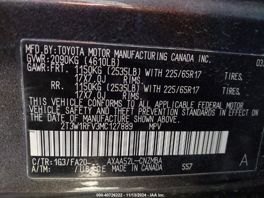 2021 Toyota Rav4 Xle VIN: 2T3W1RFV3MC127889 Lot: 40726222