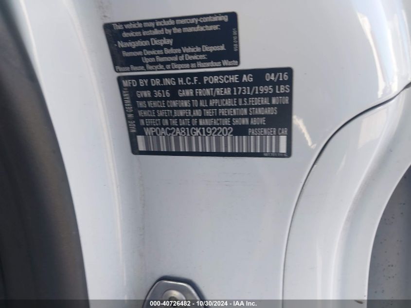 2016 Porsche Cayman - WP0AC2A81GK192202