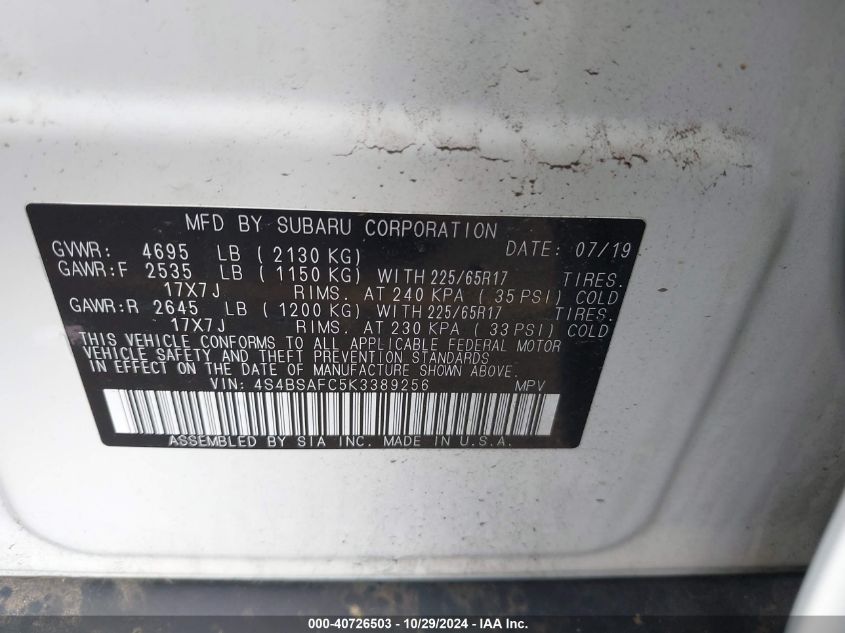 2019 SUBARU OUTBACK 2.5I PREMIUM - 4S4BSAFC5K3389256