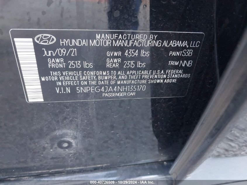 2022 Hyundai Sonata Se VIN: 5NPEG4JA4NH135170 Lot: 40726509