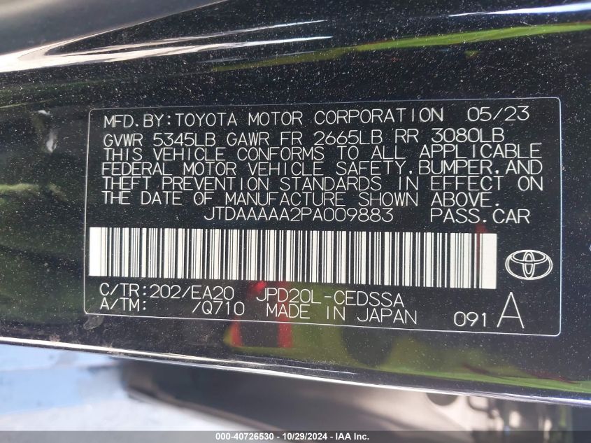 2023 Toyota Mirai Xle VIN: JTDAAAAA2PA009883 Lot: 40726530