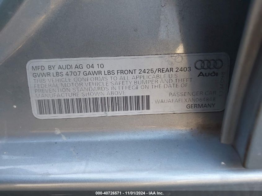 2010 Audi A4 2.0T Premium VIN: WAUAFAFLXAN064848 Lot: 40726571