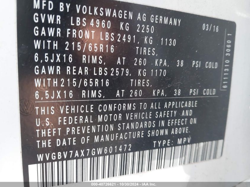 2016 VOLKSWAGEN TIGUAN S - WVGBV7AX7GW601472