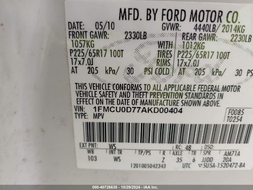 2010 Ford Escape Xlt VIN: 1FMCU0D77AKD00404 Lot: 40726638