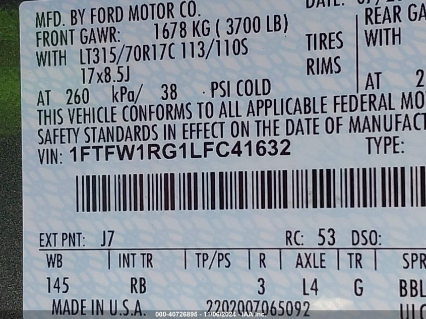 2020 Ford F-150 Raptor VIN: 1FTFW1RG1LFC41632 Lot: 40726895