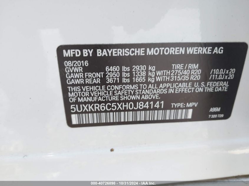 VIN 5UXKR6C5XH0J84141 2017 BMW X5, Xdrive50I no.9