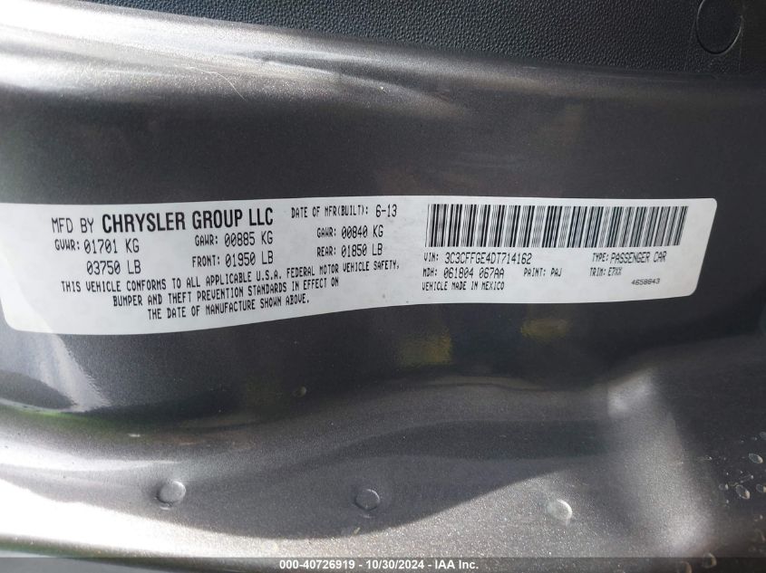 2013 Fiat 500E Battery Electric VIN: 3C3CFFGE4DT714162 Lot: 40726919