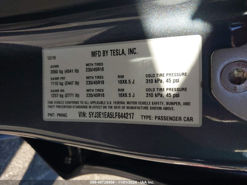 2020 TESLA MODEL 3 STANDARD RANGE PLUS REAR-WHEEL DRIVE/STANDARD RANGE REAR-WHEEL DRIVE - 5YJ3E1EA5LF644217