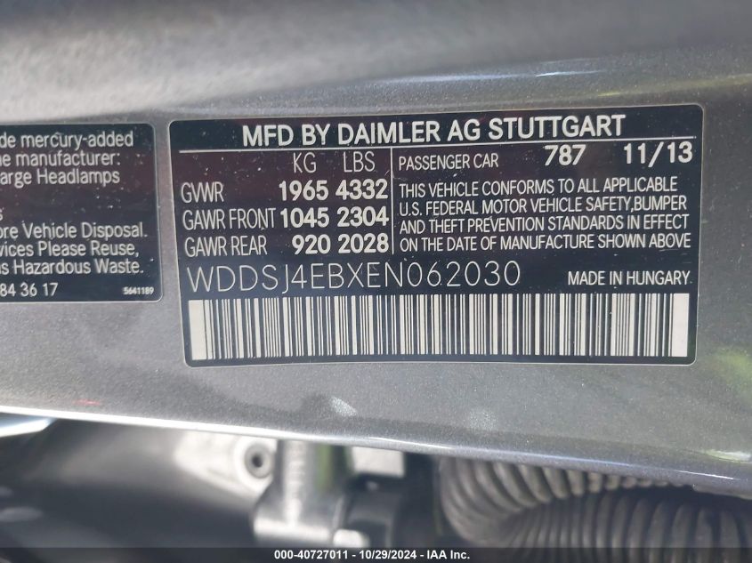 2014 Mercedes-Benz Cla 250 VIN: WDDSJ4EBXEN062030 Lot: 40727011