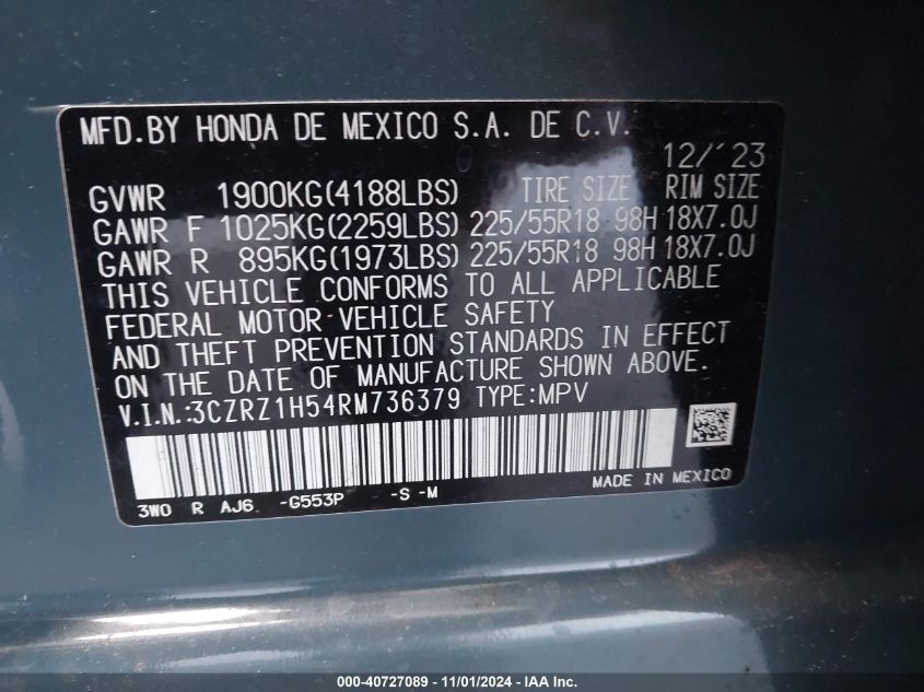 VIN 3CZRZ1H54RM736379 2024 Honda HR-V, 2Wd Sport/2W... no.9