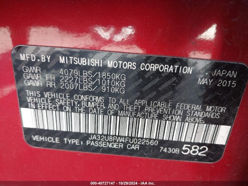 2015 Mitsubishi Lancer Gt VIN: JA32U8FW4FU022560 Lot: 40727147