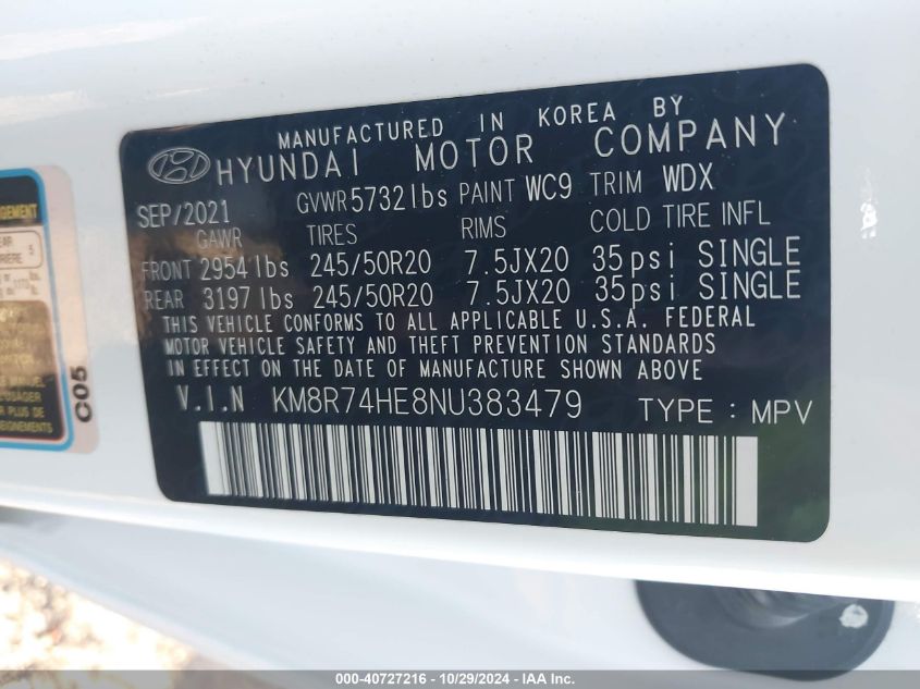 2022 Hyundai Palisade Calligraphy VIN: KM8R74HE8NU383479 Lot: 40727216