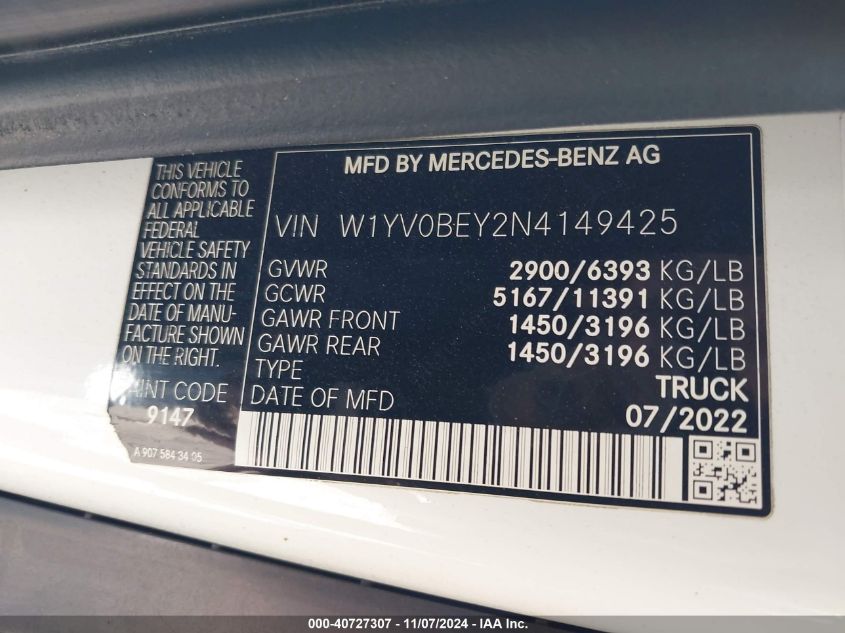 2022 Mercedes-Benz Metris VIN: W1YV0BEY2N4149425 Lot: 40727307